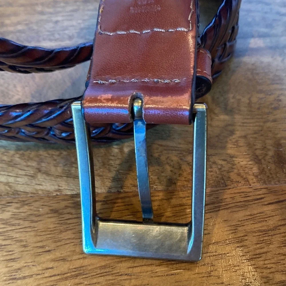 Men's Brown Herringbone‎ Leather Trim Belt Size 36 Classic Basic Brushed Gold